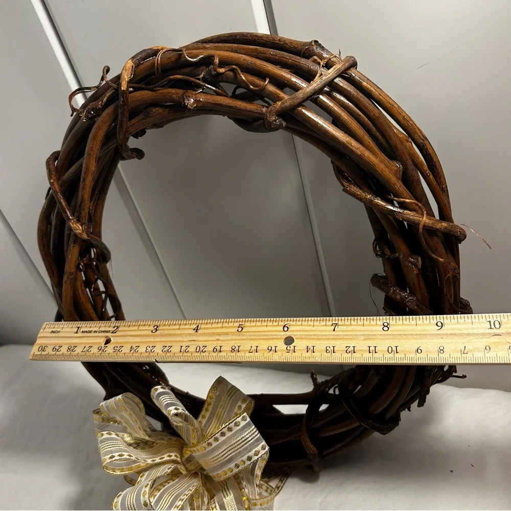Grapevine Wreath Decorative Brown branch with Gold & White Ribbon